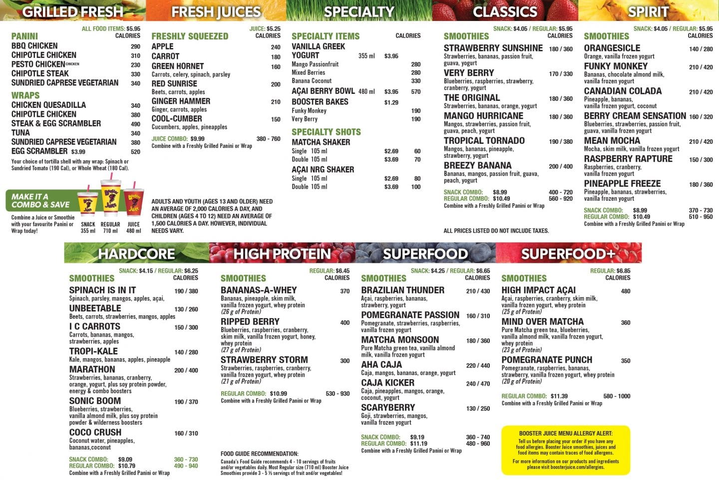 Booster Juice Nutrition Chart
